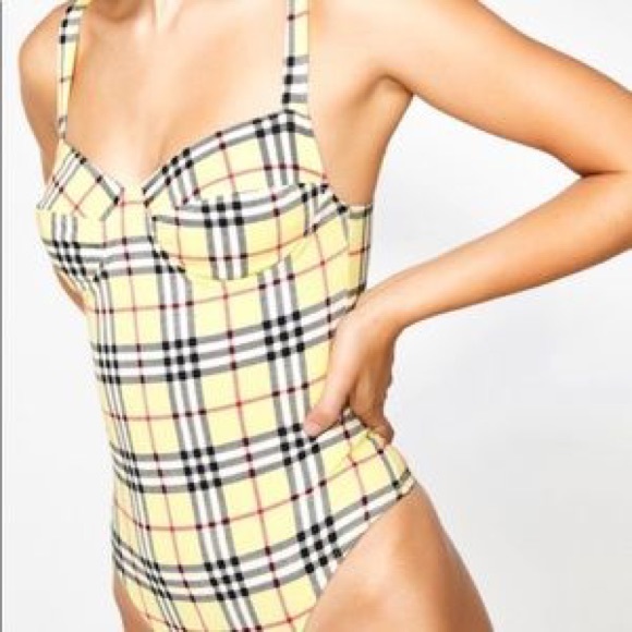 Dolls Kill Tops - Motel plaid yellow bodysuit small lantas